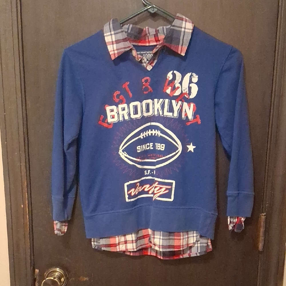 Place Blue Brooklyn Football Sweatshirt with Plaid Details